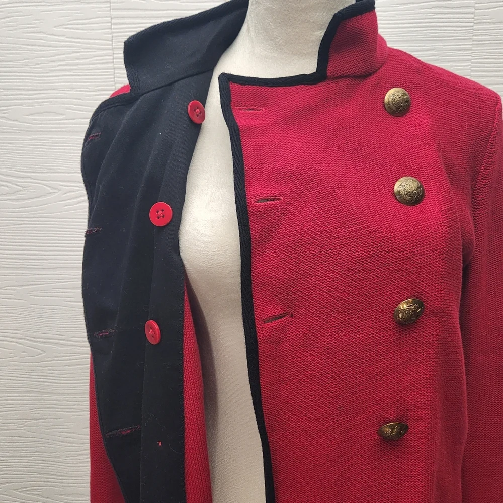 Lauren RALPH LAUREN RED Sweater Military BLAZER JACKET Sz M Gold Button Holiday - Picture 8 of 10
